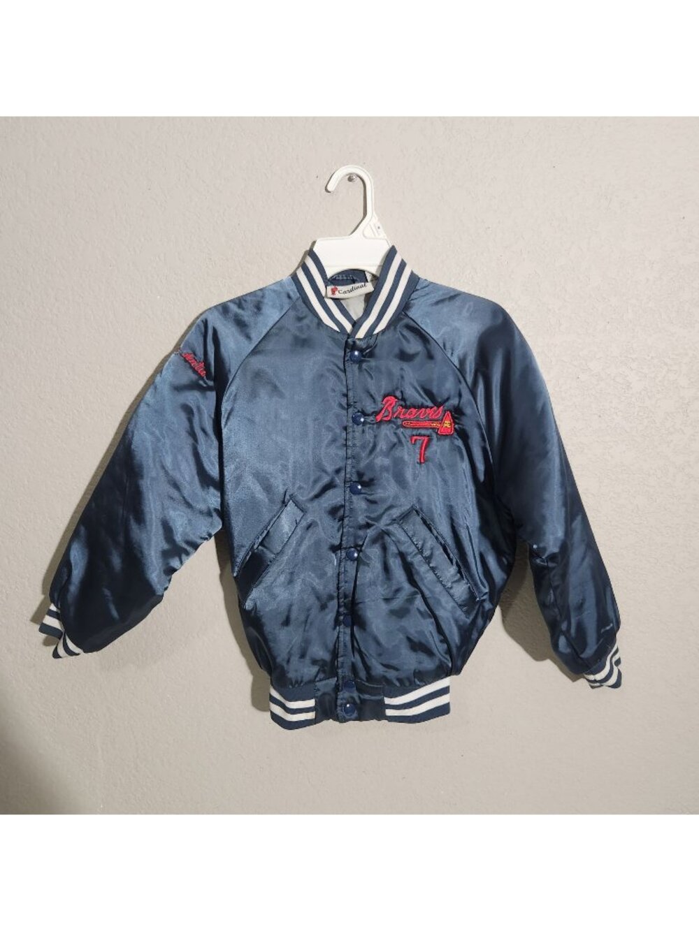 Vintage Cardinal Braves Kids Embroidered Satin Jacket Navy Blue Size 10-12